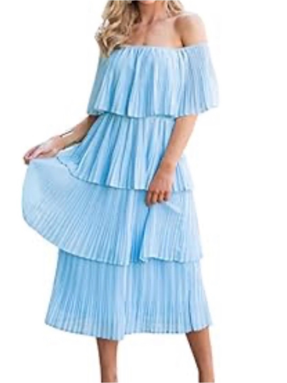 Light Blue Off-Shoulder Tiered Pleated Dress